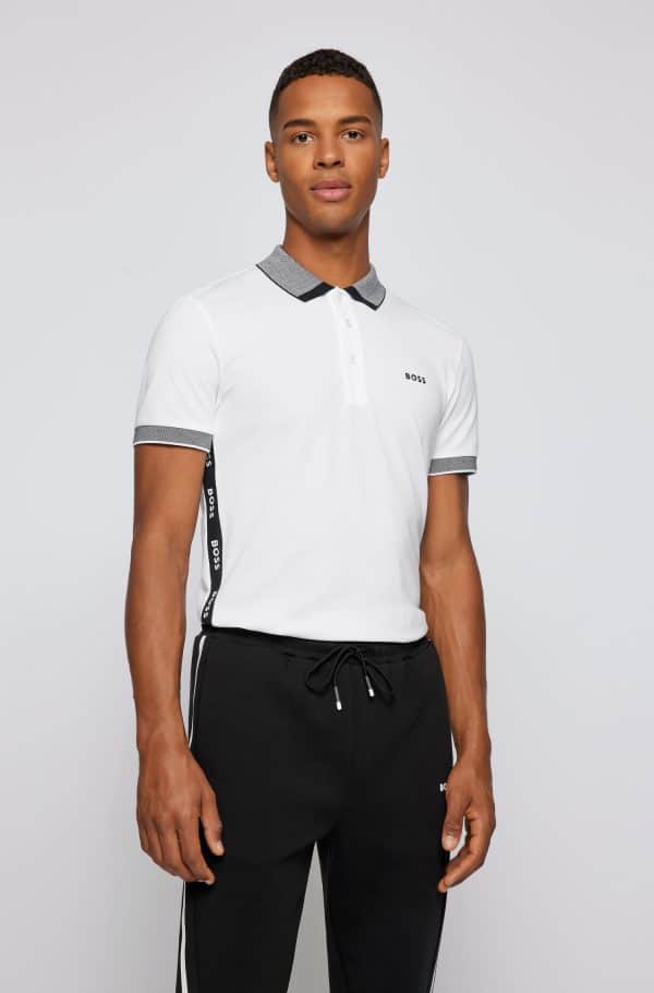 BOSS חולצת פולו לבנה עם צווארון מודגש אפורCOTTON-BLEND SLIM-FIT POLO SHIRT WITH CONTRAST TRIMS - Image 3