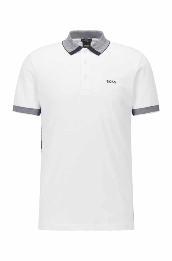 BOSS חולצת פולו לבנה עם צווארון מודגש אפורCOTTON-BLEND SLIM-FIT POLO SHIRT WITH CONTRAST TRIMS