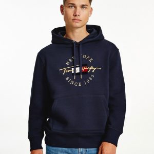 סווטשירט קפוצ'ון טומי כיתוב זהב בצבע כחול ICONS LOGO FLEECE HOODY