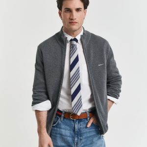 סוודר גאנט Cotton Pique Zip Cardigan אפור