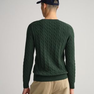 סוודר גאנט Cotton Cable Knit Crew Neck Sweater ירוק אורן