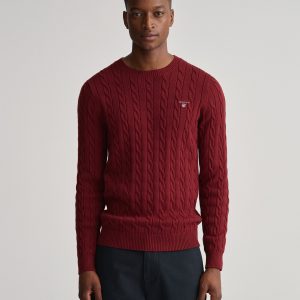 סוודר גאנט Cotton Cable Knit Crew Neck Sweater אדום יין