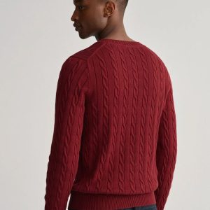 סוודר גאנט Cotton Cable Knit Crew Neck Sweater אדום יין