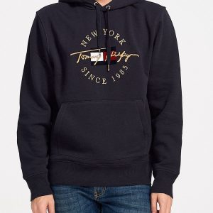 סווטשירט קפוצ'ון טומי כיתוב זהב בצבע שחור ICONS LOGO FLEECE HOODY