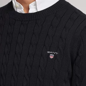 סוודר גאנט שחור Cotton Cable Knit Crew Neck Sweater