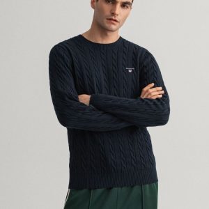 סוודר גאנט כחול Cotton Cable Knit Crew Neck Sweater