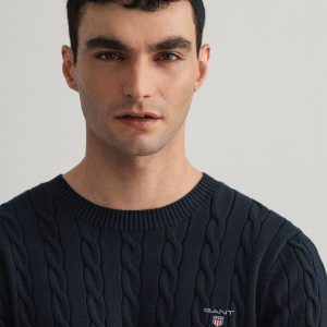 סוודר גאנט כחול Cotton Cable Knit Crew Neck Sweater