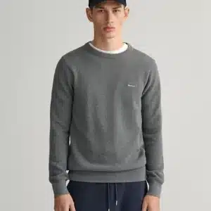 סוודר גאנט Cotton Pique Crew Neck Sweater אפור